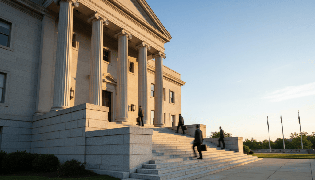 Stone steps and columns of a county courthouse in early morning light