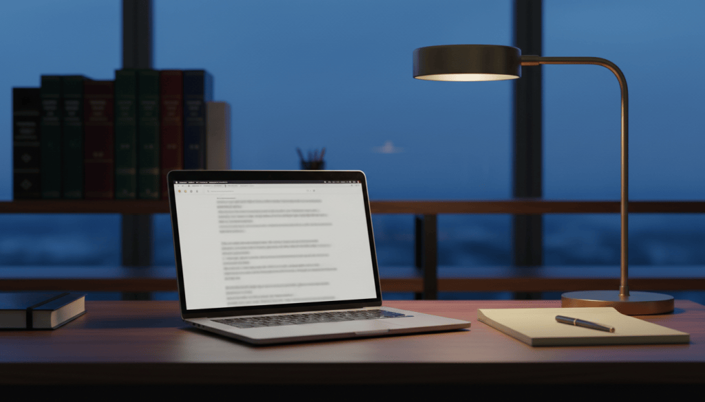 Laptop on a law office desk beside a legal notepad and law books, lit by a desk lamp