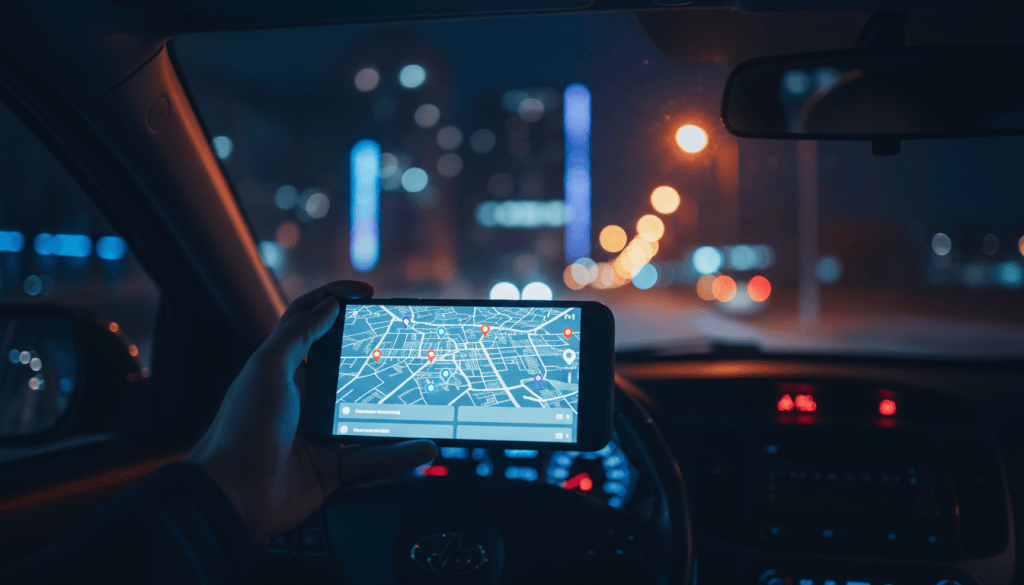 Hand holding a phone showing map results inside a car at night